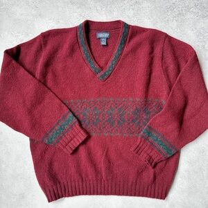 Vintage Lands’ End Men's V-Neck Sweater in Burgundy Fair Isle